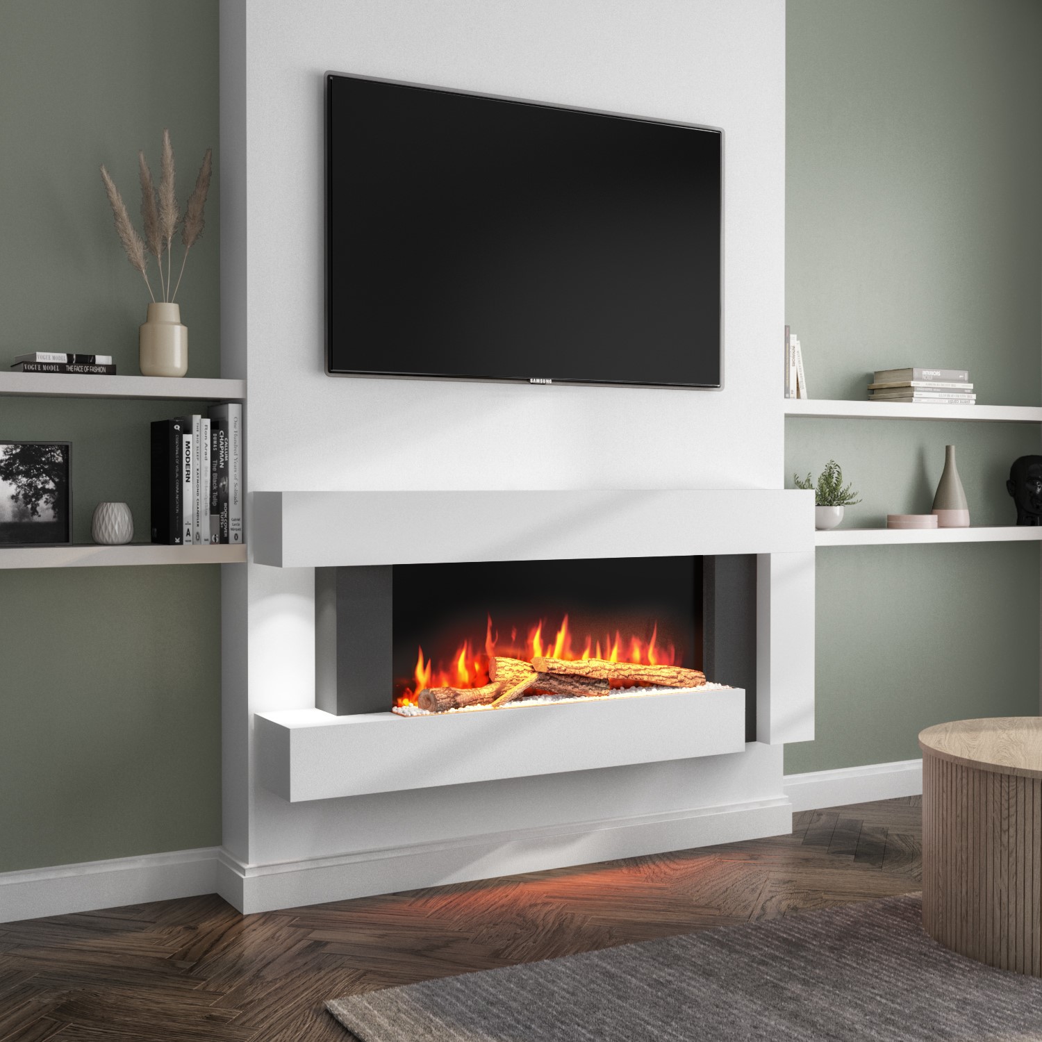 Photo of White wall mounted electric fireplace suite with led lights - amberglo