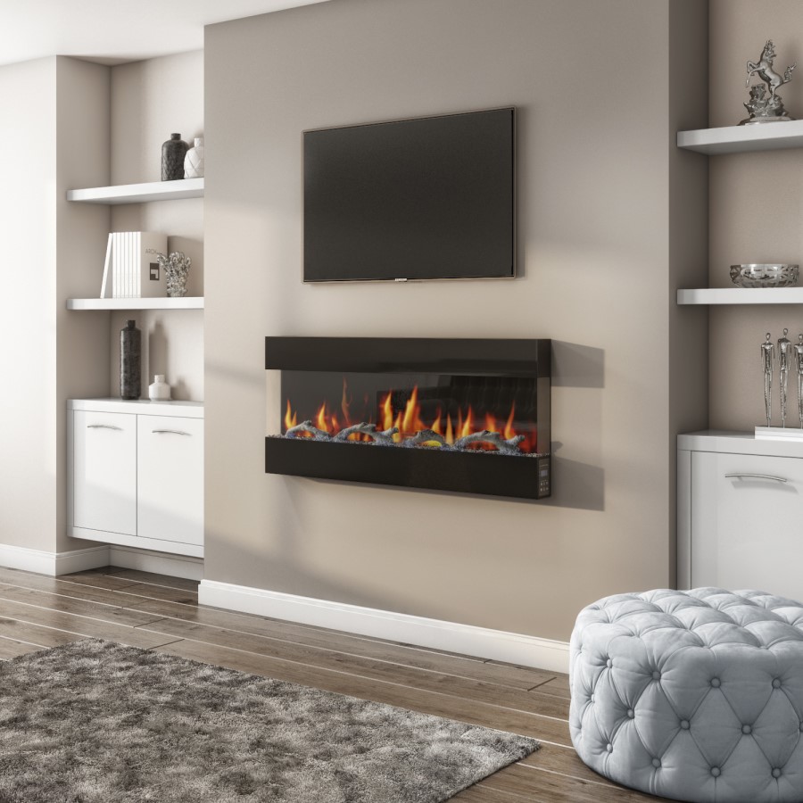 GRADE A3 - AmberGlo Mirrored Electric Wall Mounted Fire in Black - 50 Inch