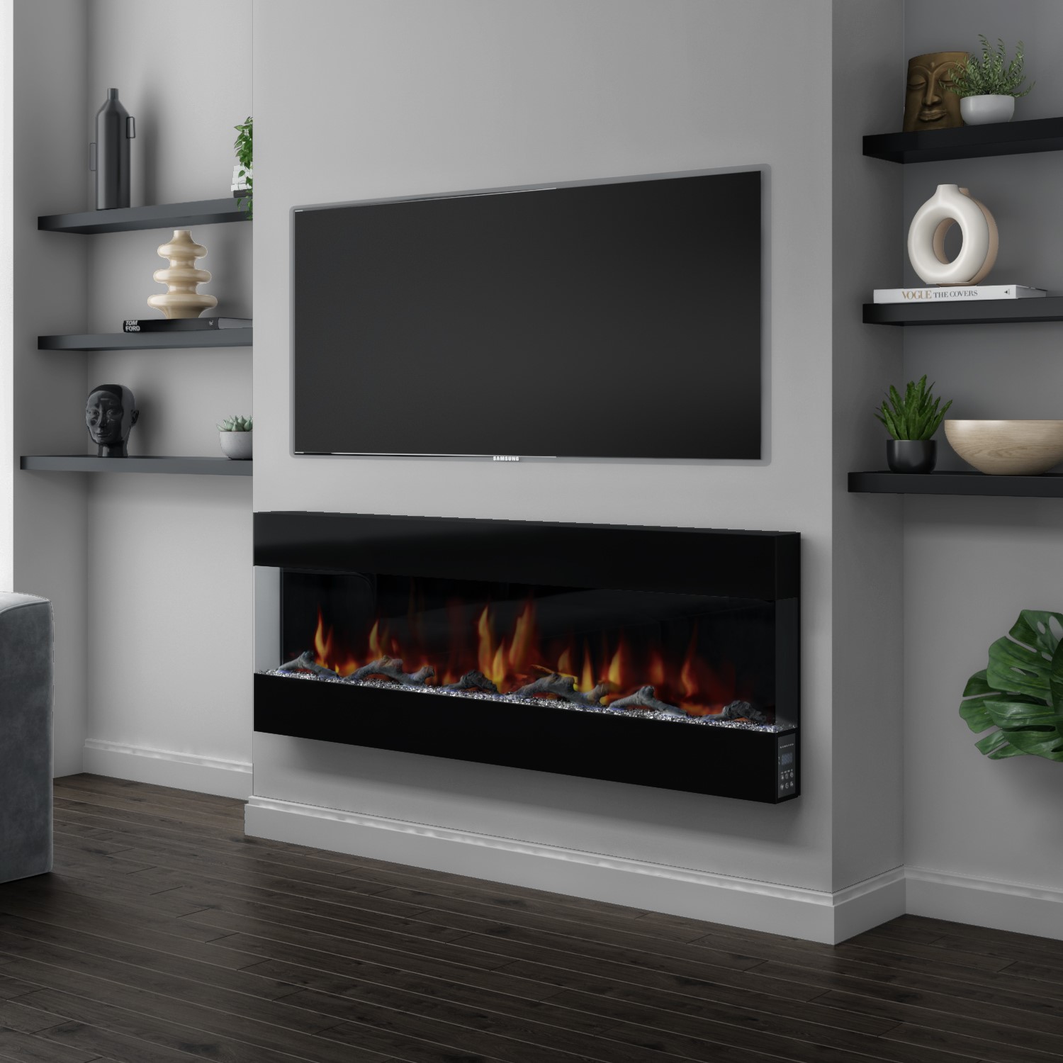 Photo of Black wall mounted electric fireplace with open front 60 inch - amberglo