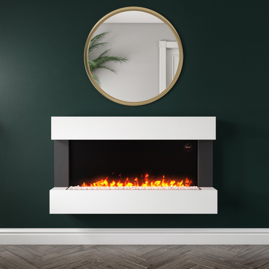 GRADE A2 - AmberGlo White Wall Mounted Electric Fireplace Suite with Logs & Crystal Fuel Beds