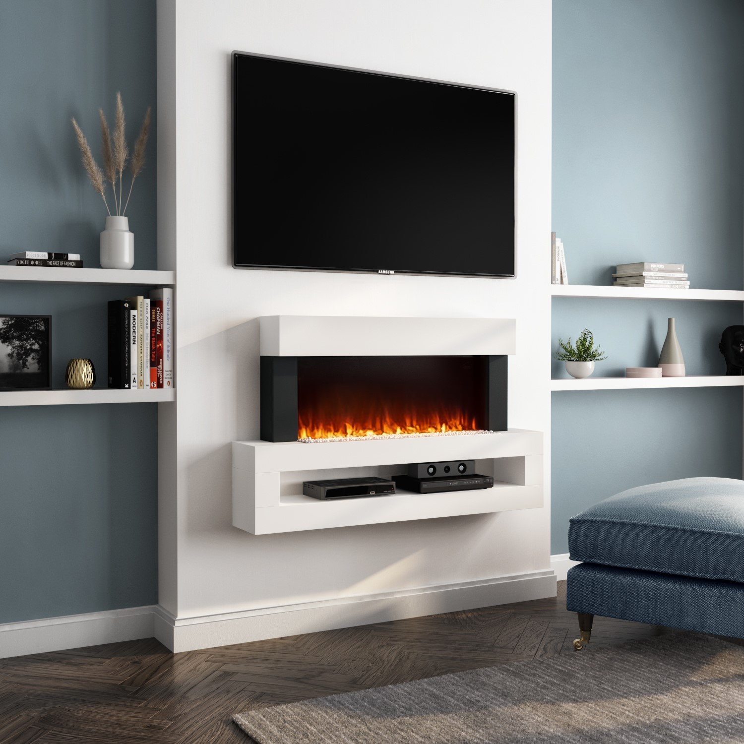 White Wall Mounted Electric Fireplace with LED Lights and Storage Shelf 47  inch Amberglo Furniture123