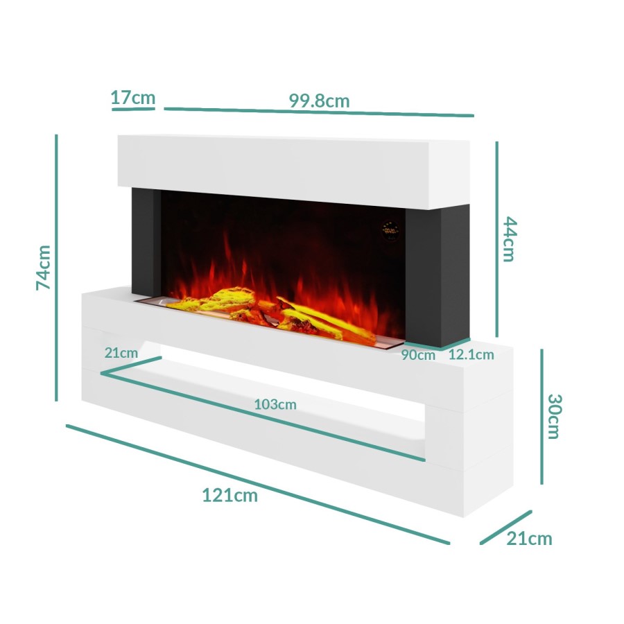 GRADE A2 - AmberGlo White Wall Mounted Electric Fireplace Suite with LED Shelf