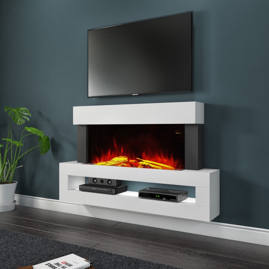 IMPERFECT - White Wall Mounted Electric Fireplace with LED Lights and  Storage Shelf 47 inch - Amberglo