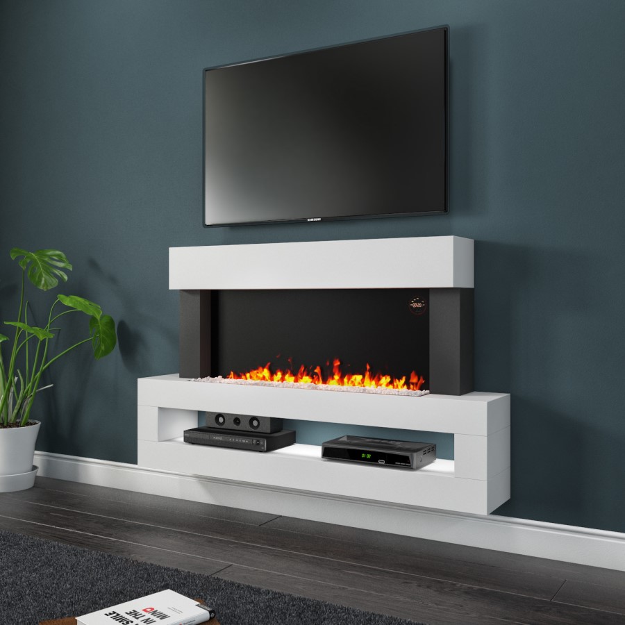 GRADE A2 - AmberGlo White Wall Mounted Electric Fireplace Suite with LED Shelf