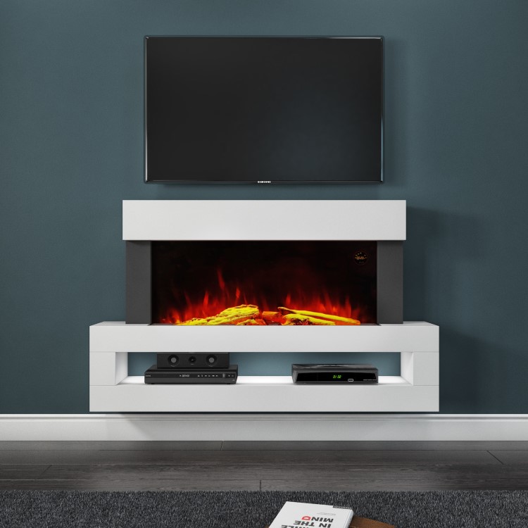 GRADE A2 - White Wall Mounted Electric Fireplace with LED Light Storage Shelf - Amberglo