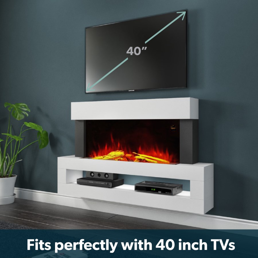 GRADE A3 - White Wall Mounted Electric Fireplace with LED Light Storage Shelf - Amberglo