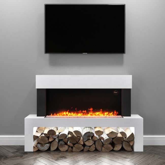 GRADE A2 - AmberGlo Floor Standing Electric Fireplace Suite in White - Log & Crystal Fuel Bed