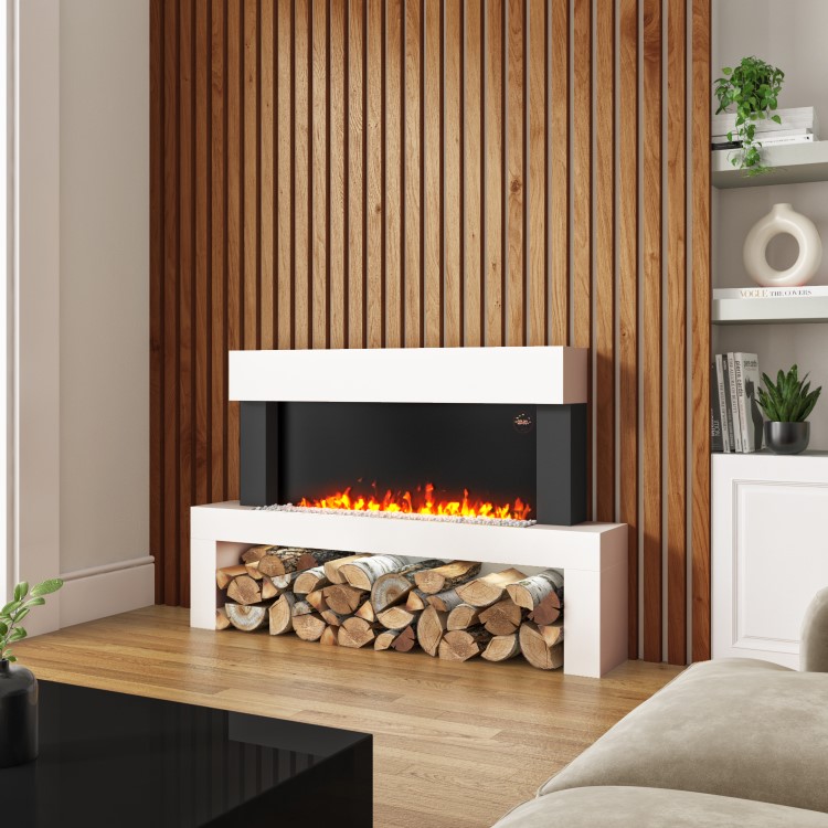 GRADE A1 - AmberGlo White Floor Standing Electric Fireplace Suite - Log & Crystal Fuel Bed