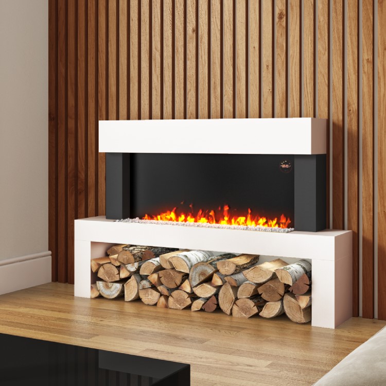 GRADE A1 - AmberGlo White Floor Standing Electric Fireplace Suite - Log & Crystal Fuel Bed