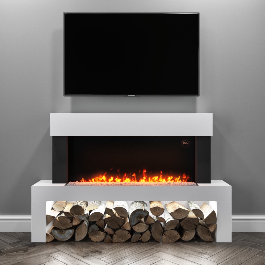 GRADE A2 - AmberGlo Floor Standing Electric Fireplace Suite in White - Log & Crystal Fuel Bed