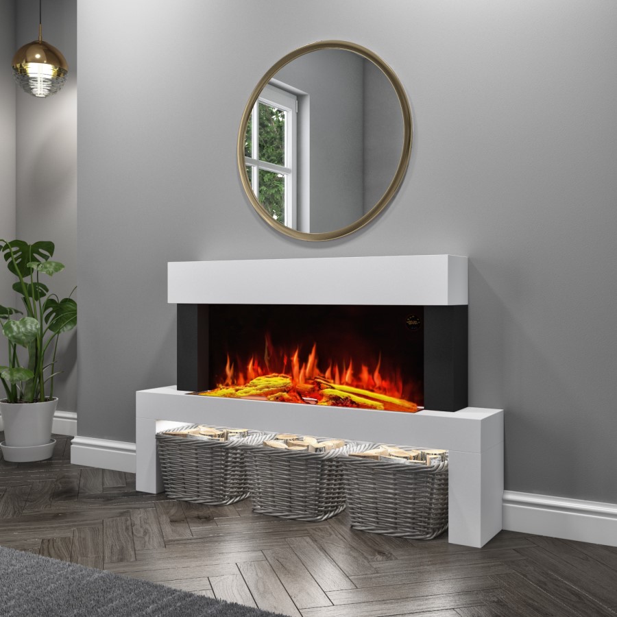 GRADE A2 - AmberGlo Floor Standing Electric Fireplace Suite in White - Log & Crystal Fuel Bed