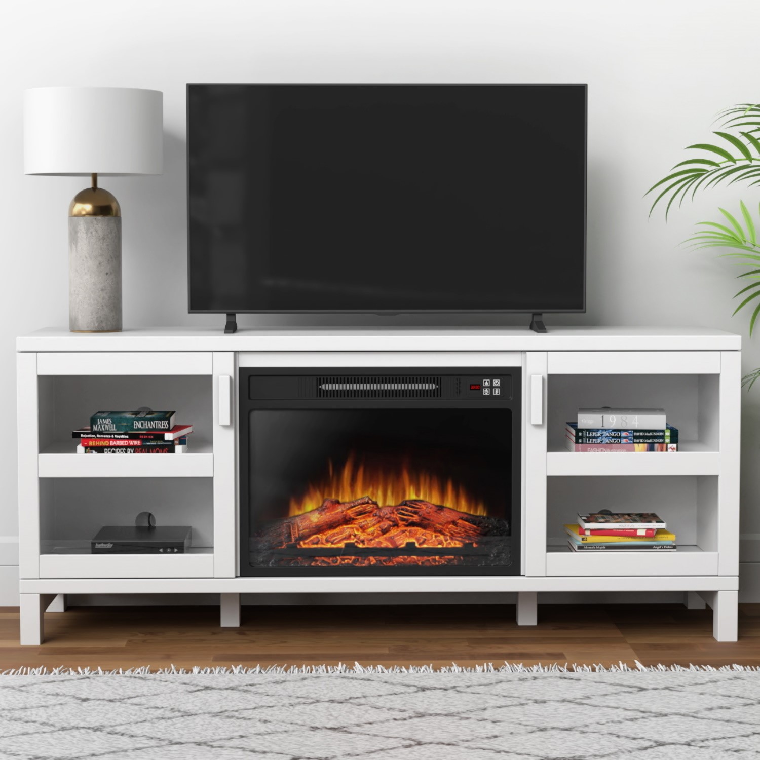 White Electric Fireplace Tv Stand With, Modern Tv Units With Fireplace