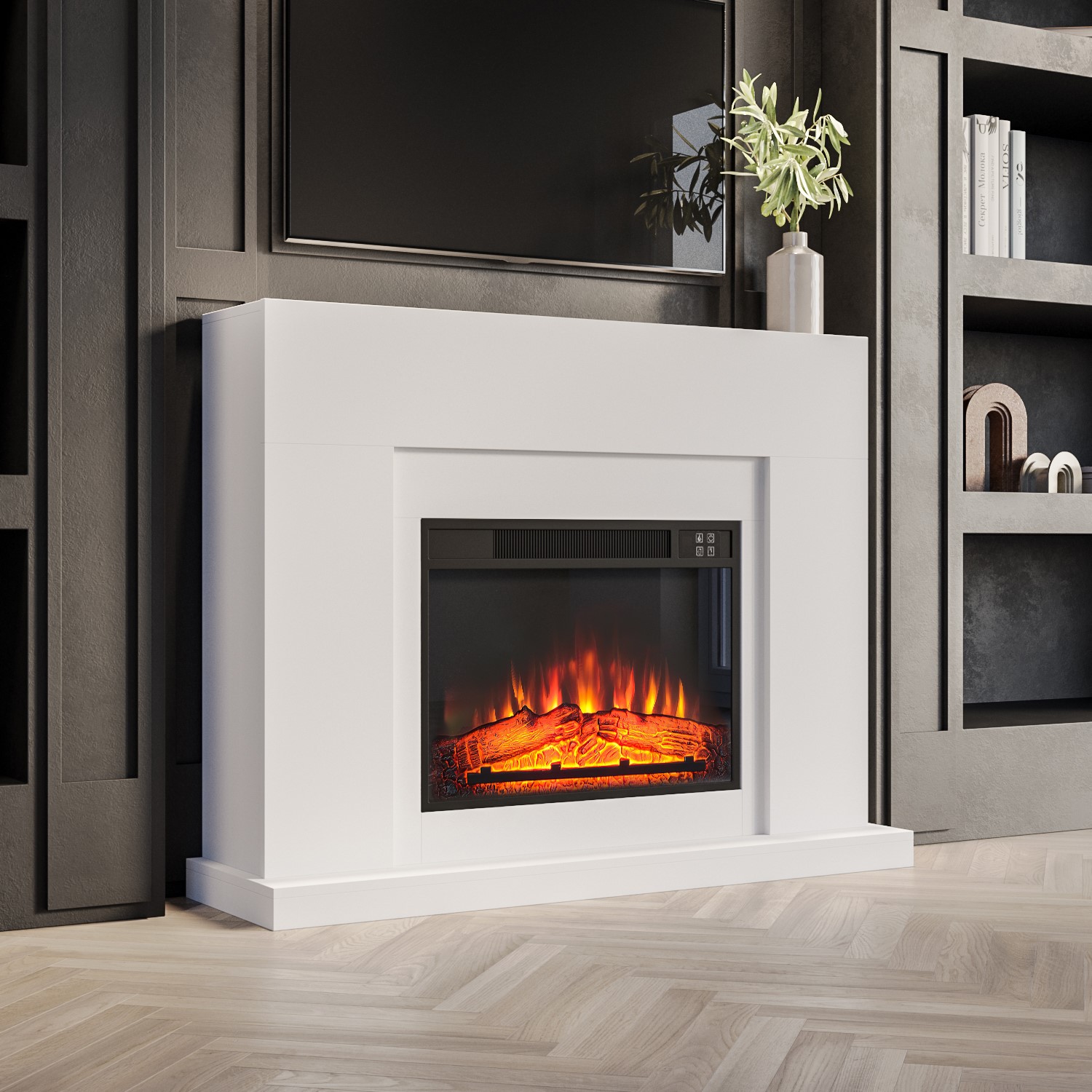 Photo of White freestanding electric fireplace suite with realistic log effect - amberglo