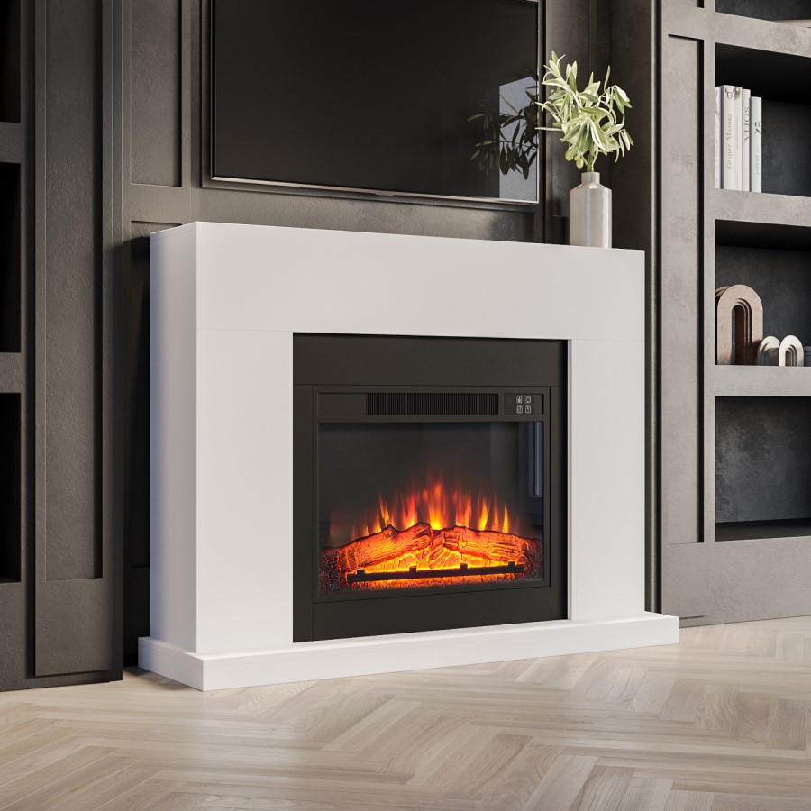 White and Black Freestanding Electric Fireplace Suite with Realistic Log Effect - Amberglo