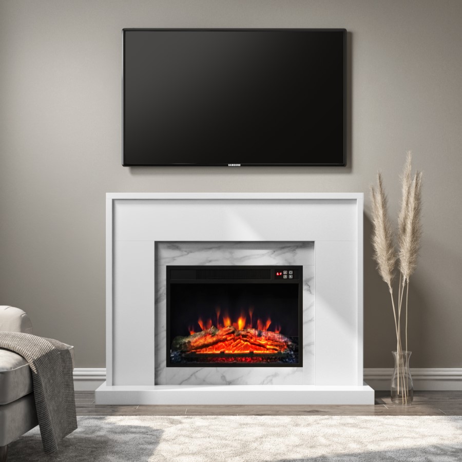 GRADE A2 - White Marble Freestanding Electric Fireplace Suite with Log Effect - Amberglo