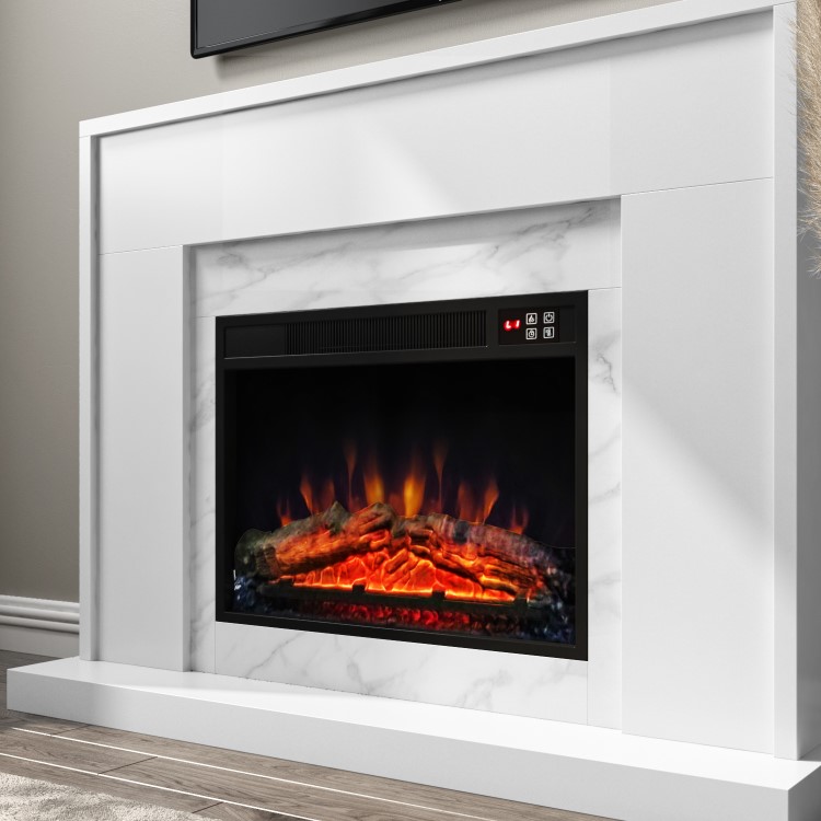 White and Marble Effect Freestanding Electric Fireplace Suite with Log Effect - Amberglo