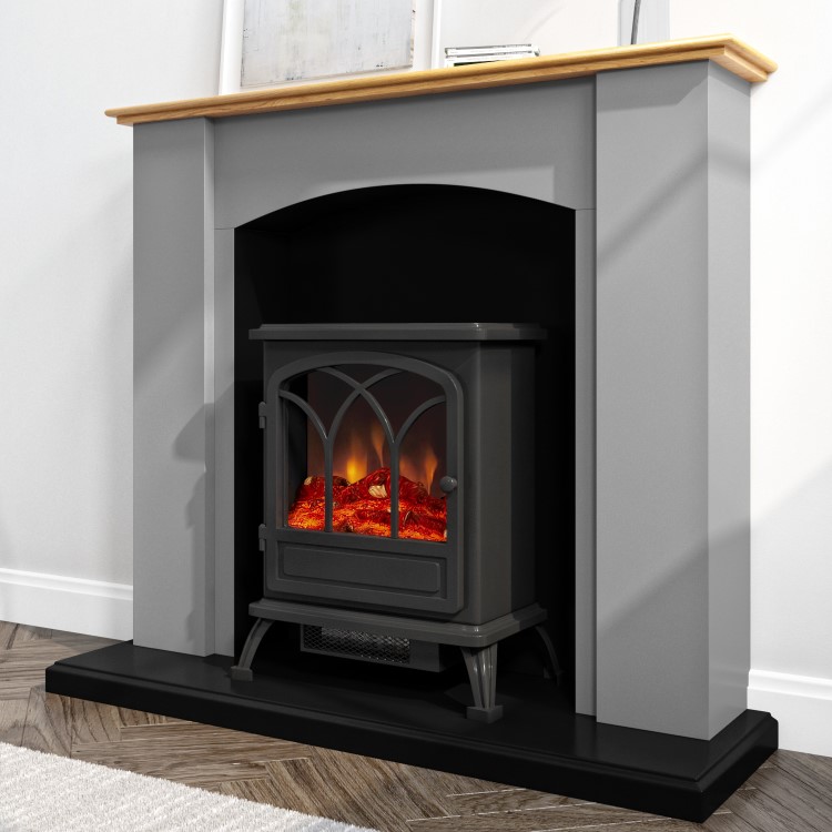 Grey and Wood Two Tone Freestanding Electric Fireplace Suite with Black Stove - Amberglo