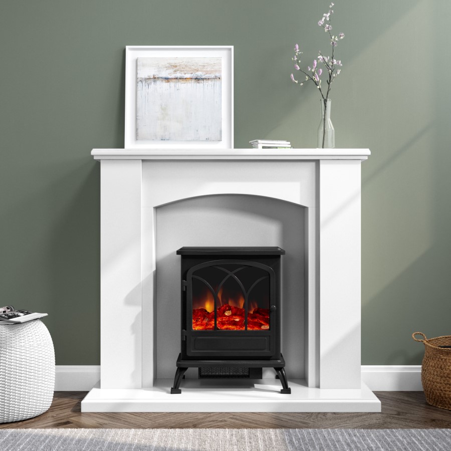 ONLY OPENED - White Freestanding Electric Fireplace Suite with Black Stove - Amberglo