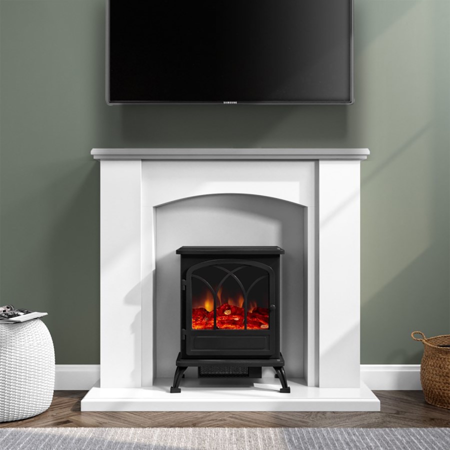 ONLY OPENED - White Freestanding Electric Fireplace Suite with Black Stove - Amberglo