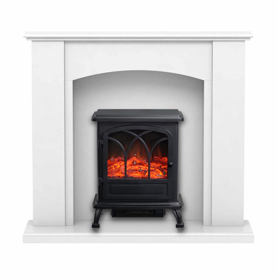 ONLY OPENED - White Freestanding Electric Fireplace Suite with Black Stove - Amberglo