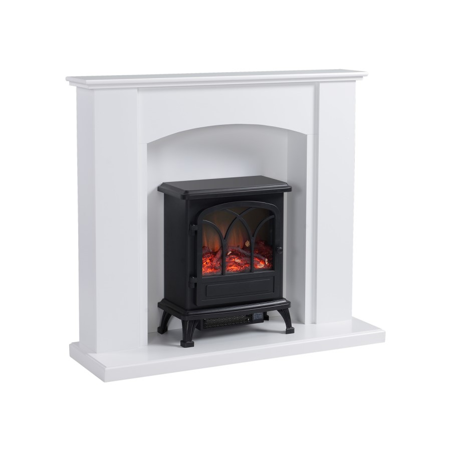 ONLY OPENED - White Freestanding Electric Fireplace Suite with Black Stove - Amberglo