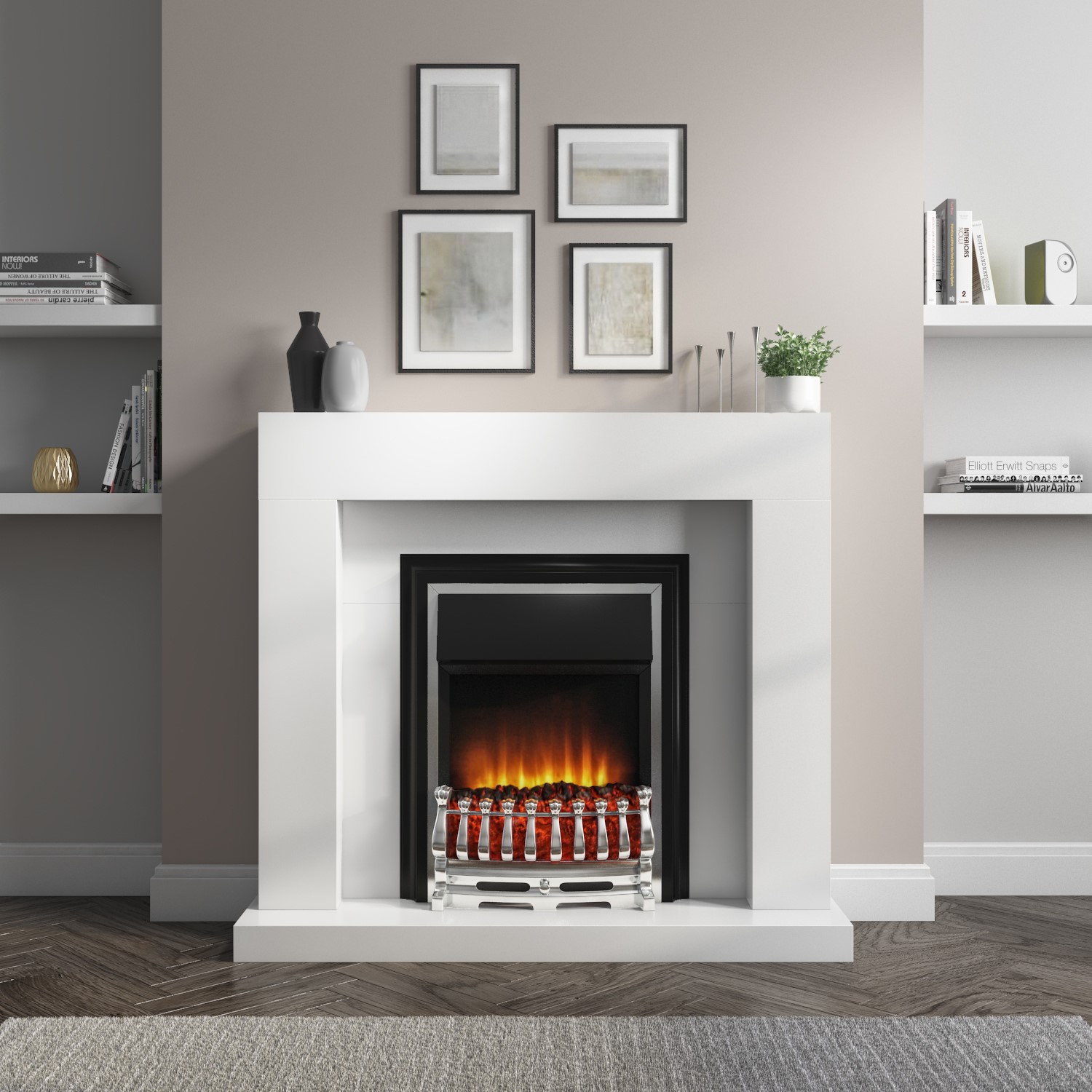 White Freestanding Electric Fireplace Suite with Solid Metal Grate ...