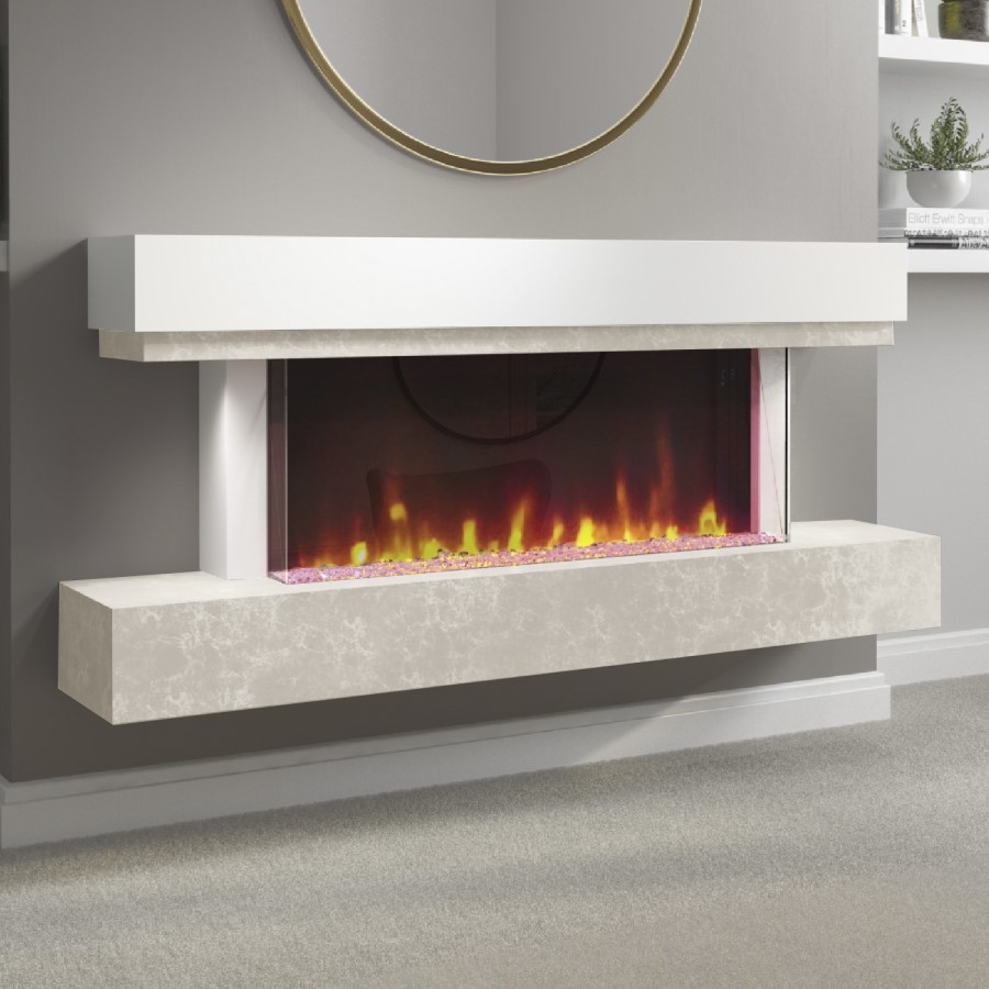 GRADE A2 - White and Grey Concrete Effect Wall Mounted Alexa Electric Fireplace - Amberglo