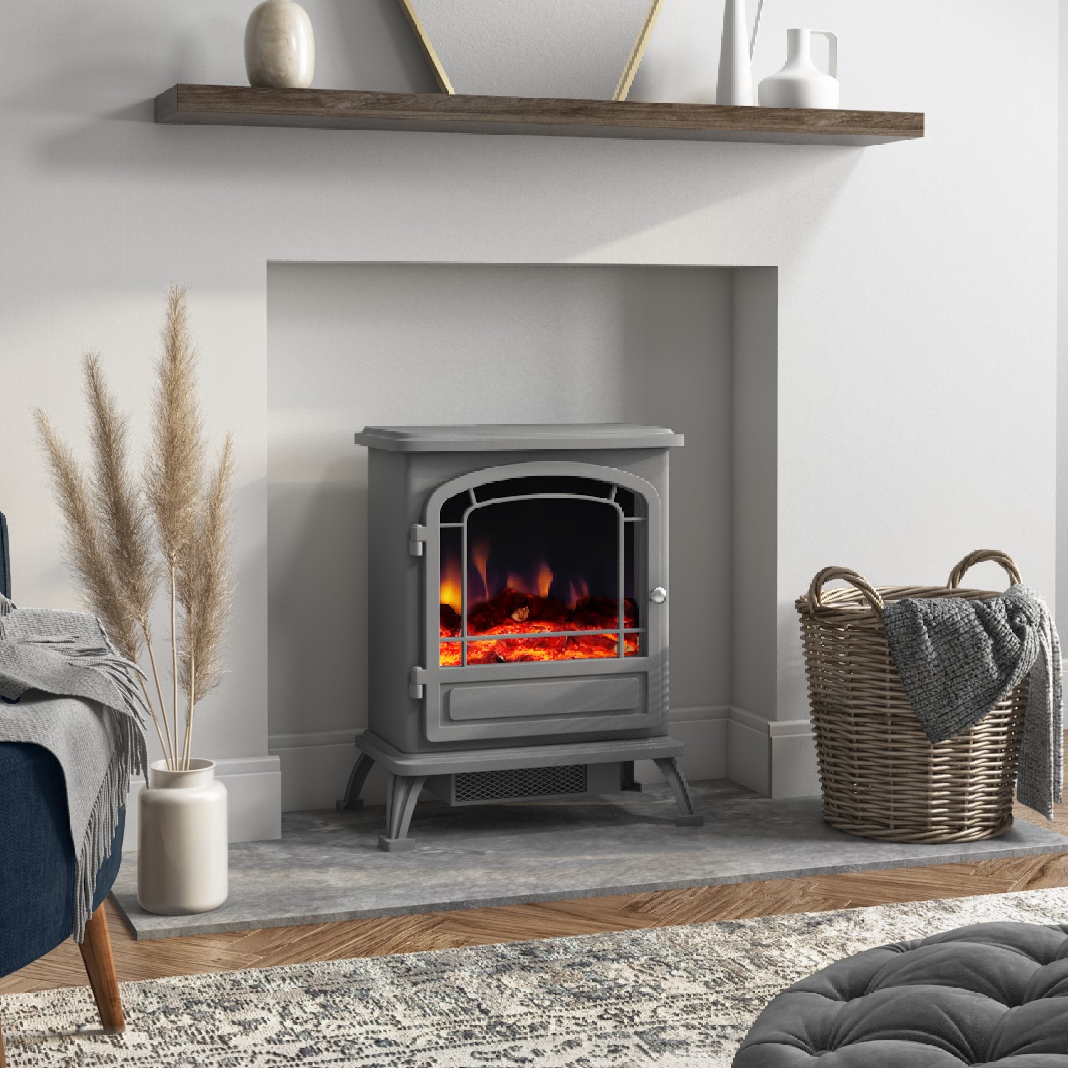 13+ Electric Wood Burner Grey Freestanding Electric Log Burner - AmberGlo - Furniture123