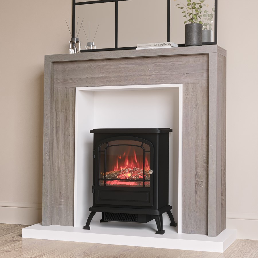 GRADE A1 - Brown and Black Oak Effect Freestanding Electric Fireplace Suite with Black Stove- AmberGlo 