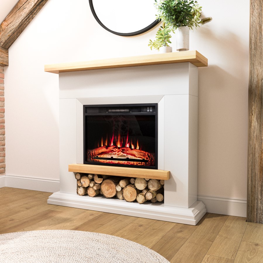 GRADE A1 - White & Oak Effect Freestanding Electric Fire Suite with Log Storage - AmberGlo