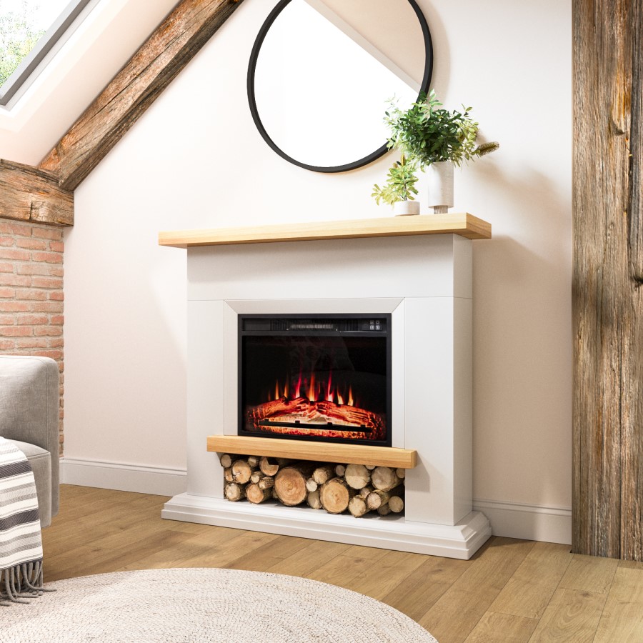 GRADE A1 - White & Oak Effect Freestanding Electric Fire Suite with Log Storage - AmberGlo