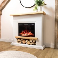 GRADE A1 - White & Oak Effect Freestanding Electric Fire Suite with Log Storage - AmberGlo
