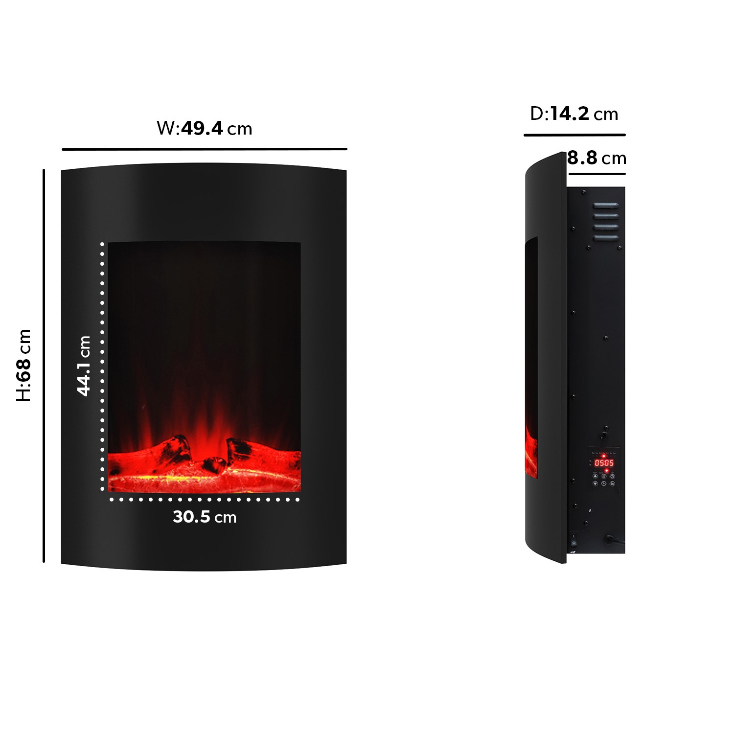 Black Vertical Curved Wall Mounted Electric Fire with LED Lights ...