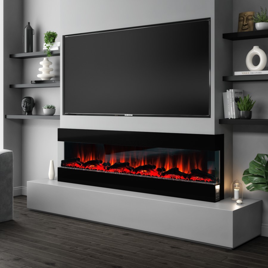GRADE A1 - 72 Inch Black Built In Electric Fire - AmberGlo