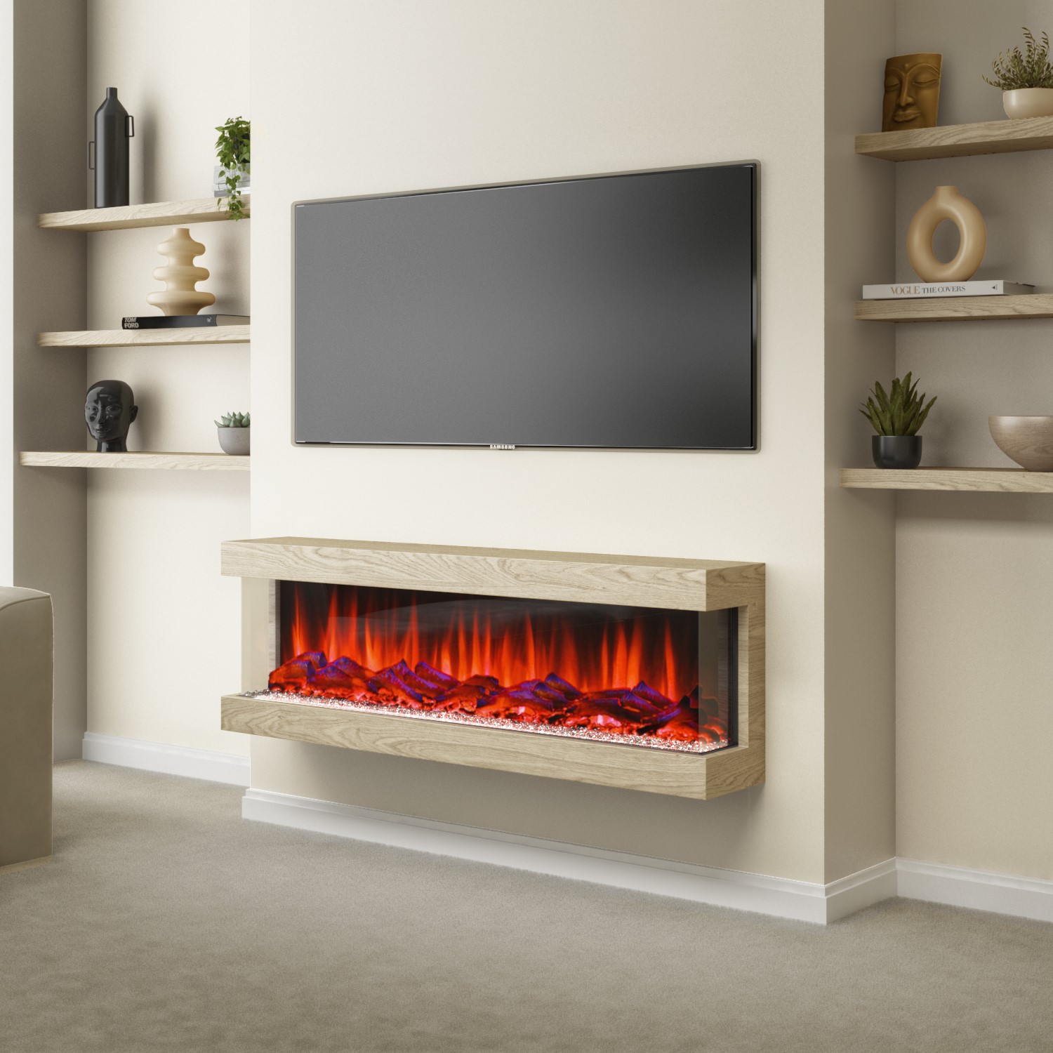Photo of Wood effect wall mounted electric fireplace with led lights 51 inch - amberglo