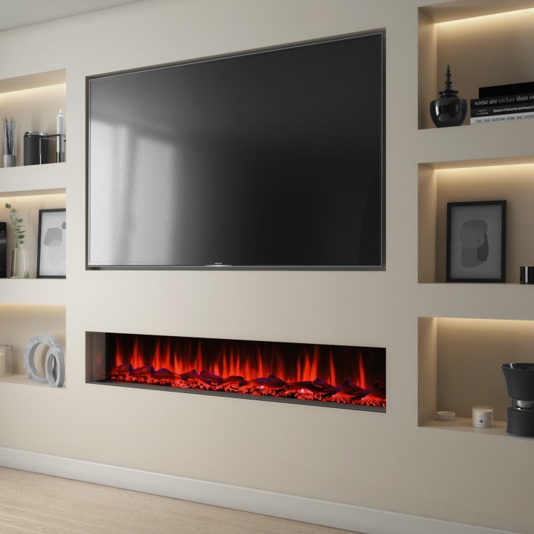 GRADE A1 - 72 Inch Black Inset Electric Media Wall Fireplace - AmberGlo