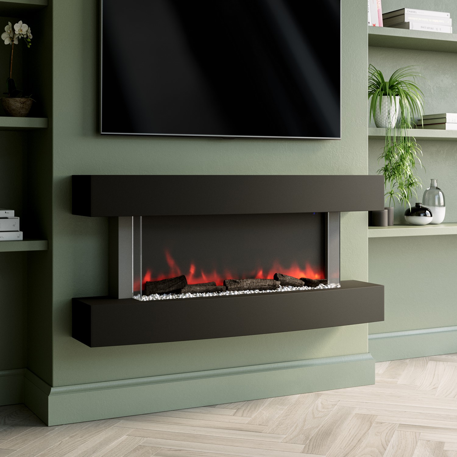 Photo of Matt black wall mounted curved electric fire 47 inch - amberglo