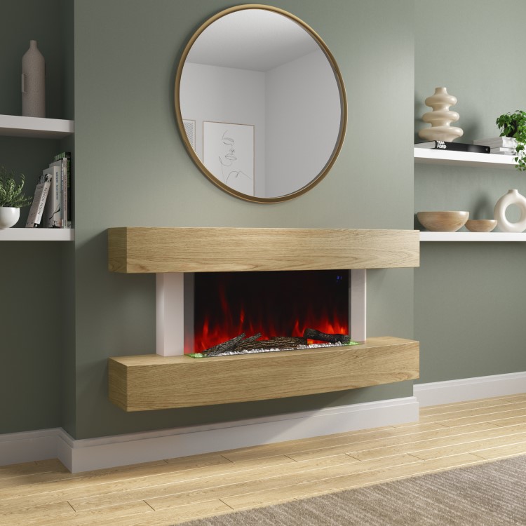 ALMOST PERFECT - 47 Inch Curved Light Oak Effect Wall Mounted Smart Wifi Electric Fire - AmberGlo