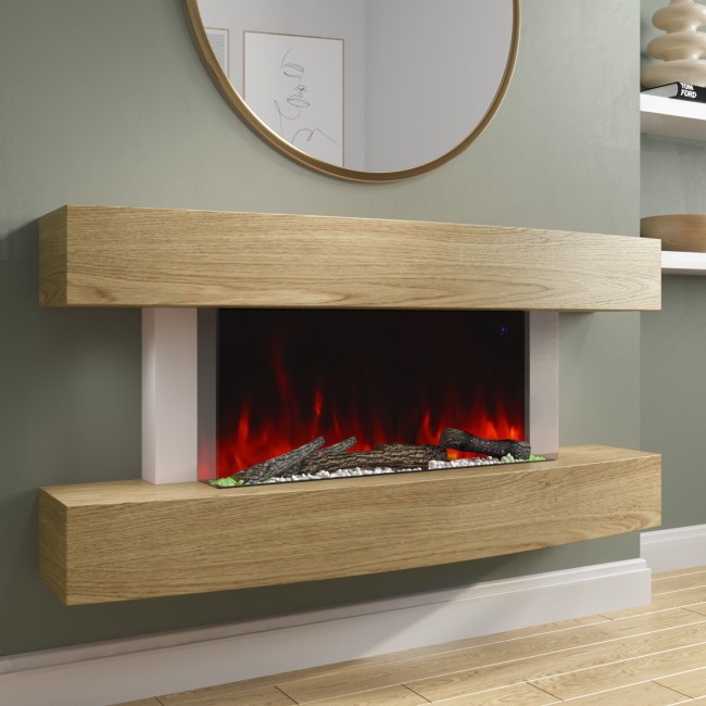 GRADE A1 - 47 Inch Curved Light Oak Effect Wall Mounted Smart Wifi Electric Fire - AmberGlo