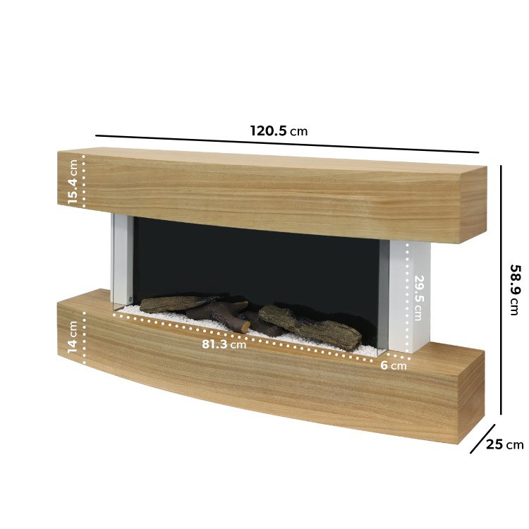 ALMOST PERFECT - 47 Inch Curved Light Oak Effect Wall Mounted Smart Wifi Electric Fire - AmberGlo