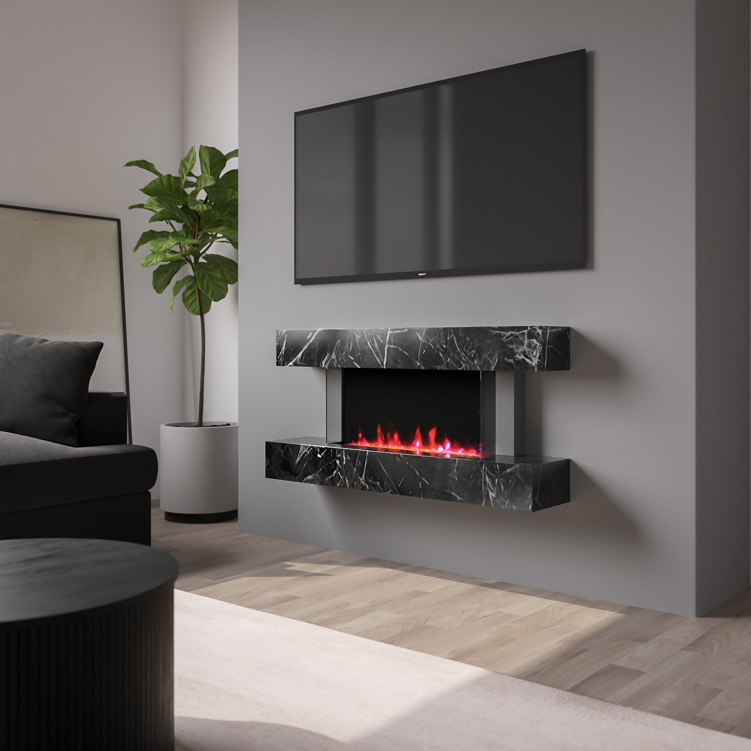 Photo of Black marble effect wall mounted electric fireplace 47 inch - amberglo