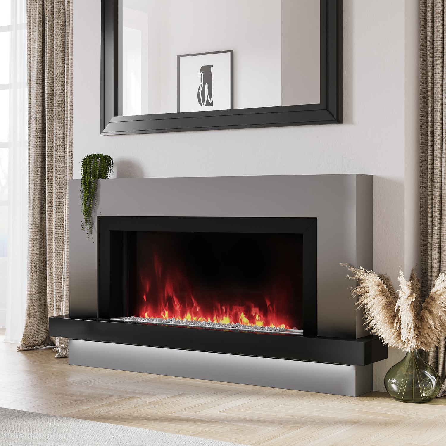 GRADE A3 - 62 Inch Black & Grey Freestanding Smart Electric Fireplace ...