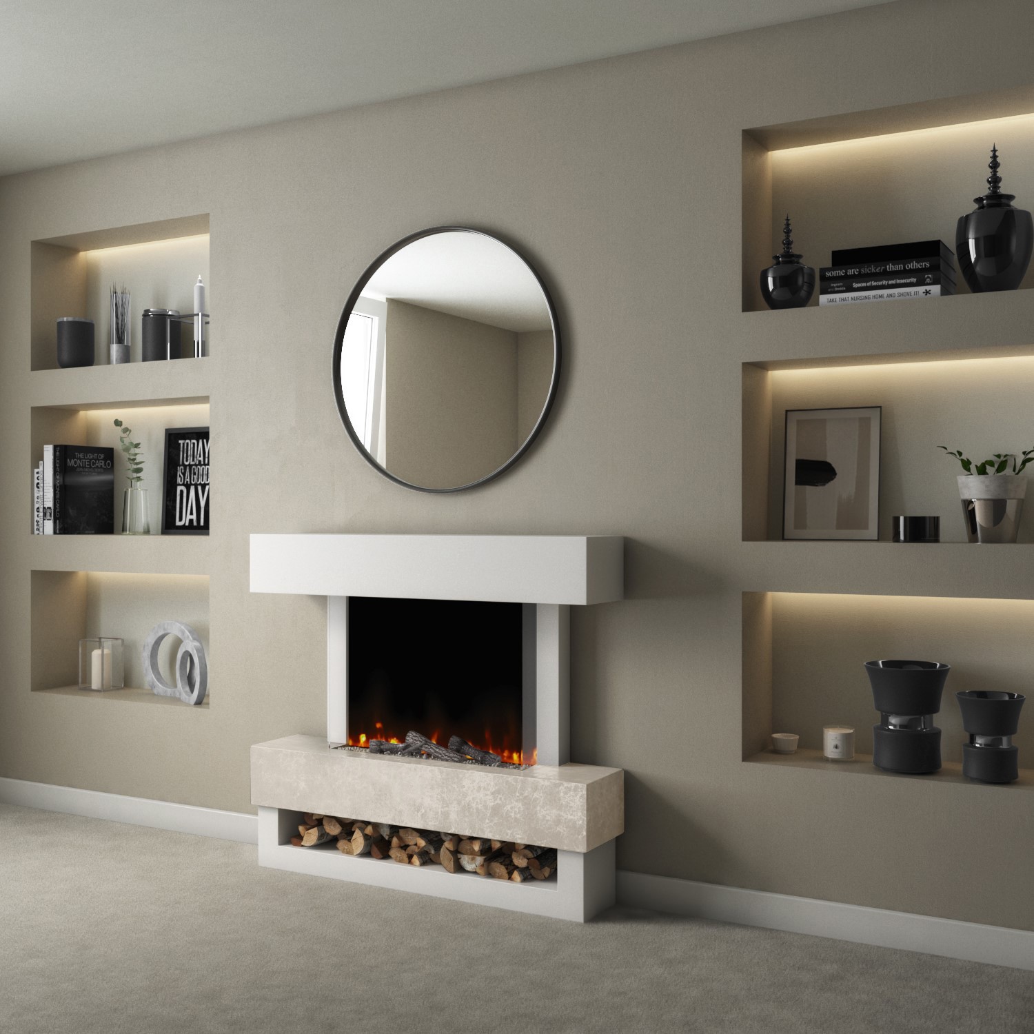 GRADE A2 White Beige Concrete Effect Freestanding Smart Electric Fireplace AmberGlo