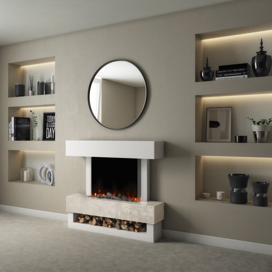 GRADE A2 - White & Beige Concrete Effect Freestanding Smart Electric Fireplace - AmberGlo