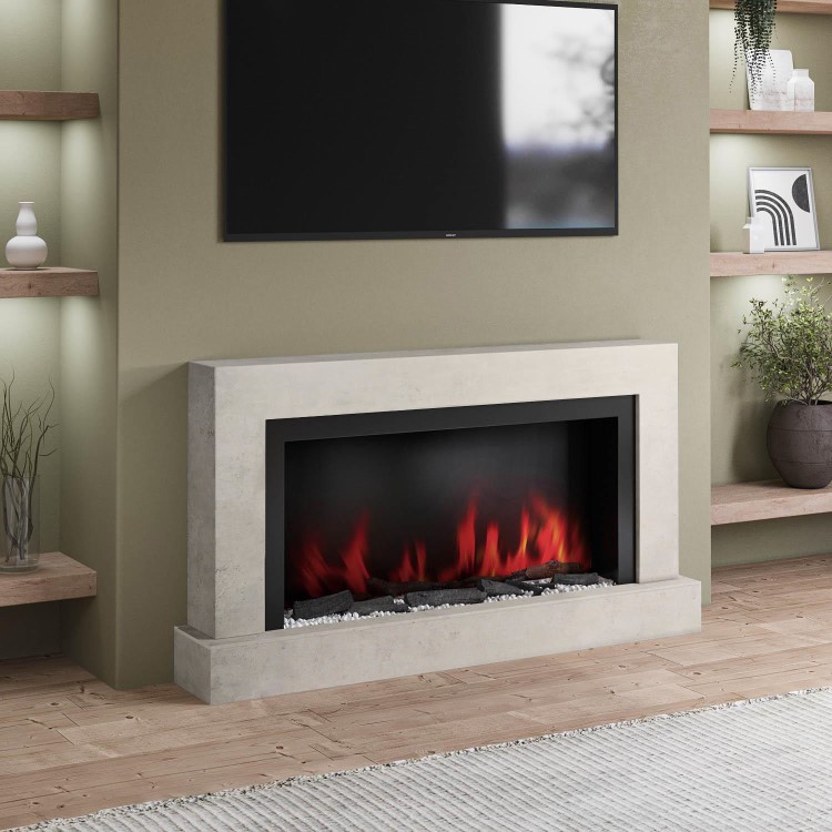 Black & Concrete 62inch Wall Mounted Electric Fireplace With Pebbles - AmberGlo