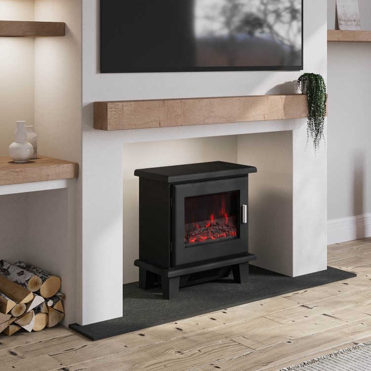 ALMOST PERFECT - Black Electric Log Burner with 7 LED Colour Options and Chrome Handle - Amberglo