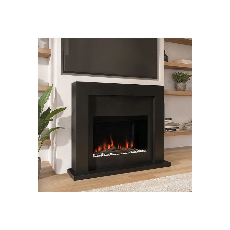 IMPERFECT - Black Wall Mounted Electric Fireplace With Logs, Crystals & Pebbles - AmberGlo