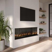 ALMOST PERFECT - Black Inset Media Wall Electric Fireplace with Glass Configurated Front and Sides 50 Inch - Amberglo ALMOST PERFECT - Black Inset Media Wall Electric Fireplace with Glass Configurated Front and Sides 50 Inch - Amberglo
