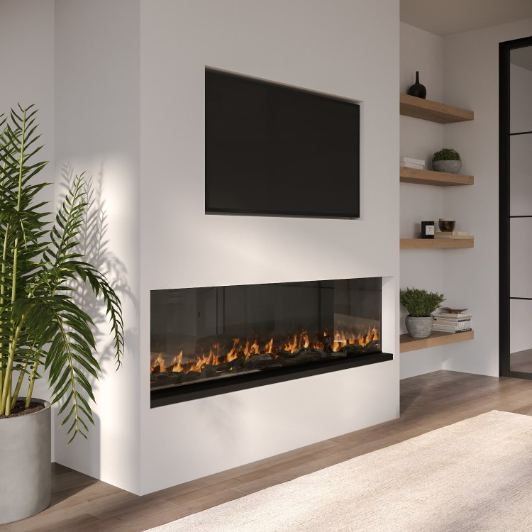 IMPERFECT - Black 50 Inch Inset Media Wall Electric Fireplace with WiFi & Glass Configurated Front and Sides - Amberglo