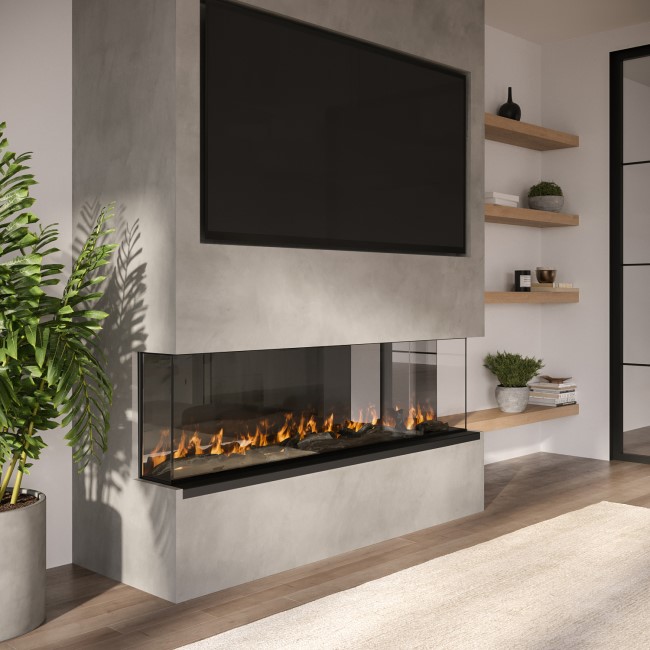 ALMOST PERFECT - Black Inset Media Wall Electric Fireplace with Glass Configurated Front and Sides 50 Inch - Amberglo